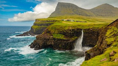 Village of Gasadalur,  Mulafossur Waterfall, Faroe Islands - desktop wallpaper