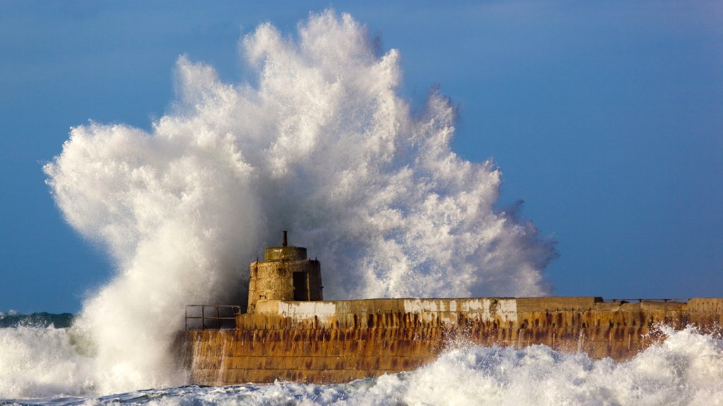 Wave Breaking Over Pier, Portreath, Cornwall, UK - desktop wallpaper