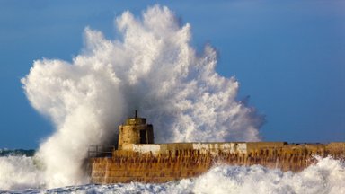 Wave Breaking Over Pier, Portreath, Cornwall, UK - desktop wallpaper