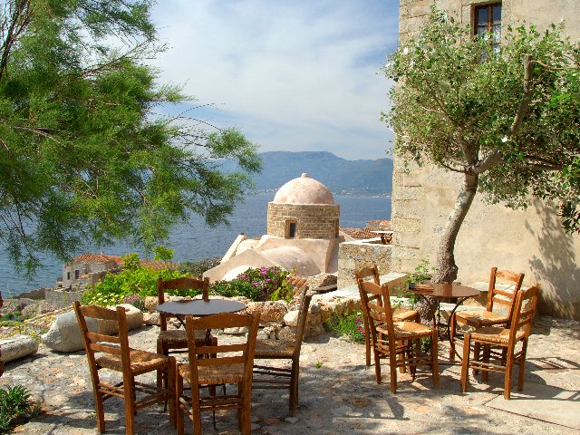 Open Air Cafe, Monemvasia, Greece - desktop wallpaper