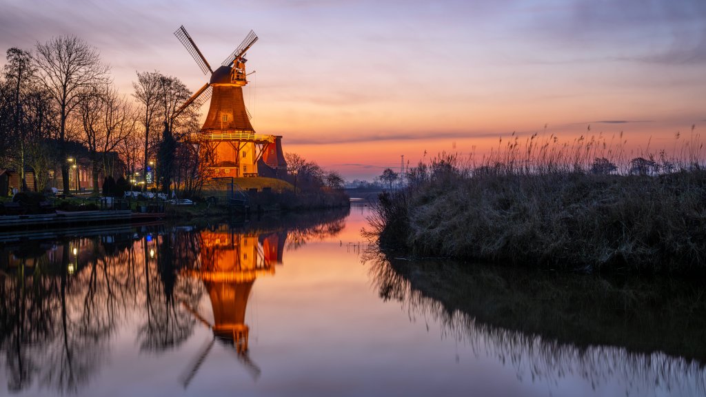 Illuminated Mills of Greetsiel, Germany - desktop wallpaper